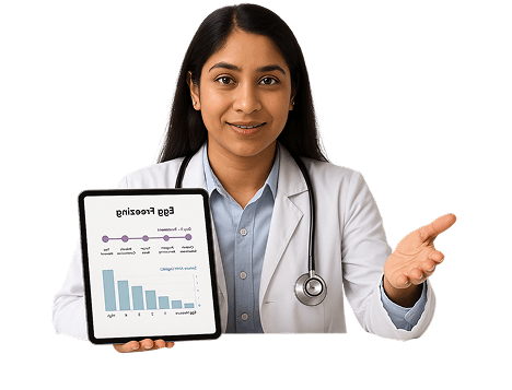 Egg freezing specialist showing an age-wise Egg Freezing chart on a tablet